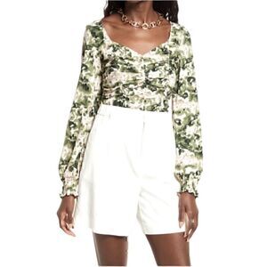 NWT Open Edit Ruched Crop Top in Olive-Pink Watercolor Rose Size S